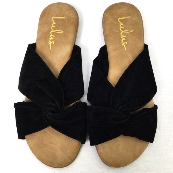Lulus Faux Suede Twist Open Toe Cushioned Comfort Flat Black Slide Sandal 7.5 - Picture 2 of 9
